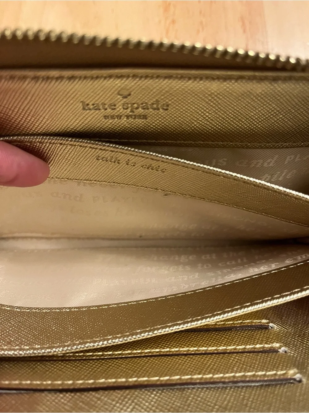 kate spade metallic gold textured zip wallet